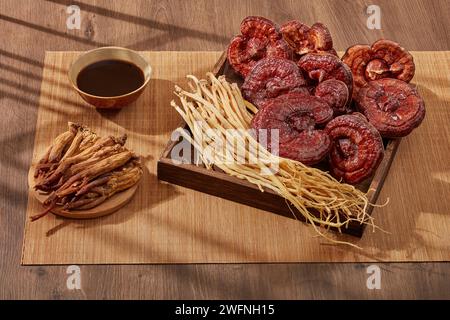 Dangshen und Lingzhi-Pilz auf einem quadratischen Holztablett mit einer Schale rotem Ginseng und einer Schüssel Medizin. Für Medizinwerbung, Fotografie Stockfoto