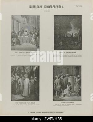 Bibel Children's Prints, 1869 - 1908 Print Blatt mit 4 Darbietungen von Geschichten aus dem Neuen Testament: Das letzte Abendmahl, die schlafenden Apostel in Getsemane, der Verrat an Judas und Christus kurz nach der Geißel. Ein Bibeltext unter jedem Bild. Rechts oben nummeriert: Nr. 20. Amsterdam Papier Buchdruck Neues Testament. Die Episode des Letzten Abendmahls. Die schlafenden Apostel (allein)  Garten Gethsemane. Der Kuss des Judas: Begleitet von Soldaten mit Fackeln und Laternen, küsst er Christus. Christus auf dem Peitschenpfosten (nach der Geißelung) Stockfoto