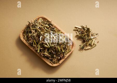 Chinesisches Mutterkraut auf hölzernem Gericht auf beigefarbenem Hintergrund. Chinesisches Mutterkraut (Leonurus japonicus) ist eine wertvolle Heilpflanze für Frauen mit Stockfoto