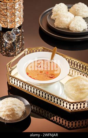 Eine Keramikschale gefüllt mit Vogelnestsuppe, Jujube und getrockneten Goji-Beeren, dekoriert mit essbarem Vogelnest. Vogelnest und Kräuter sind eine Kombination Stockfoto