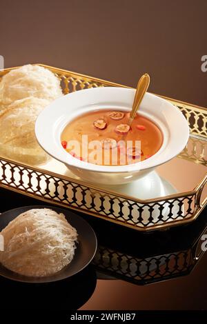 Eine weiße Schüssel mit Vogelnest-Suppe mit Kräutern, getrockneten Goji-Beeren und Jujube, auf einem Tablett mit essbarem Vogelnest. Traditionelle Medizin Stockfoto