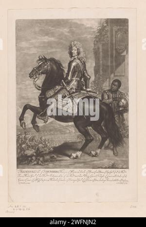 Zaumporträt von Friedrich Schomberg in Harnas, John Smith (Druckerei/ Verlag), nach Gottfried Kneller, 1662–1742 Druck rechts, ein ursprünglich afrikanischer Junge, vermutlich ein Sklave, hält seinen Helm. Ein Schlachtfeld im Hintergrund. Text in englischer Sprache am unteren Rand. Papiersklaverei; Leibeigene und Versklavte. Historische Personen. oberbefehlshaber, General, Marshal. Rüstung. Page, Footboy. Reiterstatträt Stockfoto