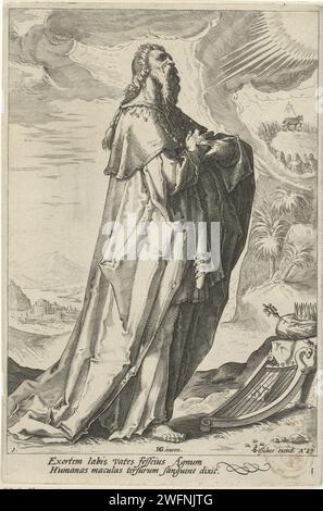 David, Jacob Matham (zugeschrieben), nach Hendrick Goltzius, 1601–1652 Druck David, mit Harfe, Krone und Zepter neben ihm. Erster Druck aus der Reihe der Propheten und der Propheten aus dem Alten Testament kombiniert. Amsterdamer Papierstich David (nicht im biblischen Kontext); mögliche Attribute: Krone, Harfe Stockfoto