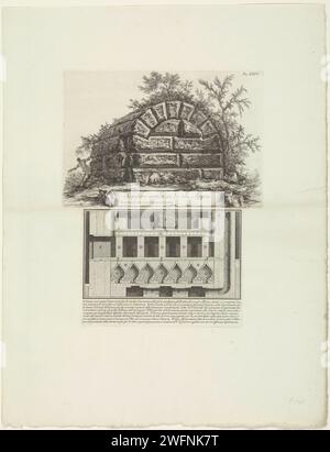 Graftombe und eine unterirdische Heizungsanlage, Giovanni Battista Piranesi, 1762 Print Leaf mit zwei Aufführungen von Bauarbeiten entlang der Via Appia Antica. Oben: Blick auf ein Grab. Titel und Kommentar in Submarga. Rechts oben nummeriert: XXVI. Unten: Ein unterirdisches System zur Heizung und Kühlung des Raumes in der Mitte. Laut der erläuternden Liste der Buchstaben am unteren Rand befindet sich das System unter den Ruinen einer Villa an der Via Appia auf der Höhe des Platzes Frattocchie. Rom Papierätzung Ruine eines Gebäudes  Architektur. Grab, Grab Via Appia Antica. Frattocchie Stockfoto