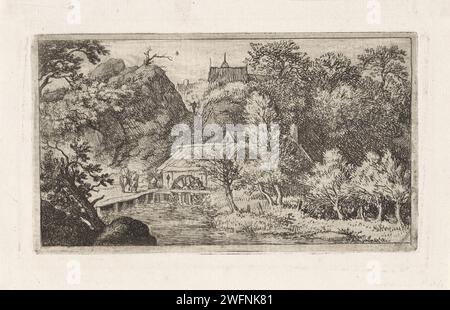 Wassermühle am Fuße eines Berges, Allaert van Everdingen, 1631 - 1675 Print Landschaft mit Blick auf drei Personen in einer Wassermühle. Hinter den Bergen sind einige Dächer zu sehen. Niederlande Papierätzung Wassermühle in der Landschaft Stockfoto