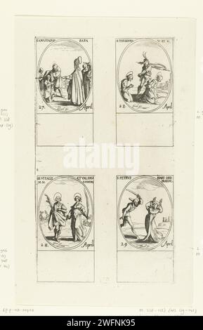 Heiliger Anastasius I., Heilige Theodora von Alexandria, Heiliger Vitalis und Valeria von Ravenna, Heiliger Peter Martyr van Verona (27-29. April), Jacques Callot, 1632 - 1636 Druckblatt mit vier ovalen Darstellungen, jeweils mit Inschrift und Datum in lateinischer Sprache: oben links im heiligen Anastasius als Papst, der auf einen knienden Mann zeigt, oben rechts die heilige Theodora, die für ihren Henker kniet, der sein Schwert zieht, unter dem heiligen Vitalis und seiner Frau, der heiligen Valeria mit Palmenzweigen, unter dem heiligen Peter Martyr van Verona, der von einem Mann mit einem Schwert angegriffen wird. Dieser Ausdruck ist Teil einer Serie von Ausdrucken mit r Stockfoto