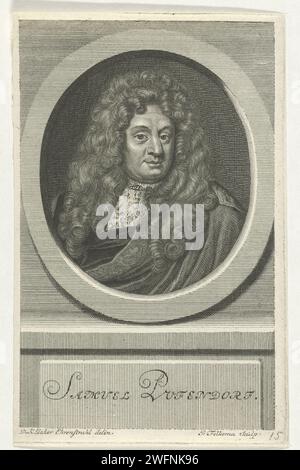 PortraT van Samuel von Pufendorf, Jacob Folkema, nach David Ehrenbahl, 1732 Druck Portraitbüste im Oval des Philosophen und Historikers Samuel von Pufendorf, barfuß. Unter dem Oval befindet sich der Name der dargestellten Person. Papierätzung/Gravur Stockfoto