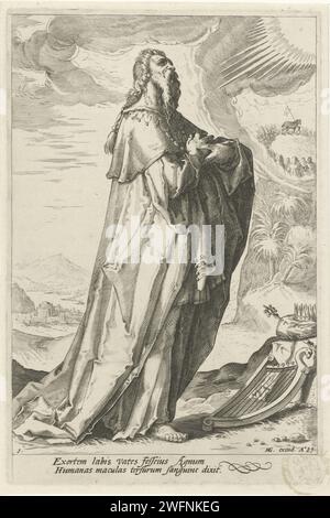 David, Jacob Matham (zugeschrieben), nach Hendrick Goltzius, 1589 Druck David mit Harfe, Krone und Zepter neben ihm. Haarlem Papierstich David (nicht im biblischen Kontext); mögliche Attribute: Krone, Harfe Stockfoto