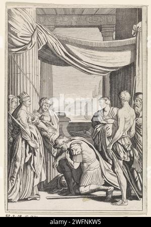 Aeneas kniend von Dido, Jan van de Velde (II), nach Willem Pietersz Buytewech, 1621 Druck Nordniederländisches Papier, das das Treffen von Aeneas und Dido graviert; als er sich ihrem Thron nähert, verschwindet die Wolke, die ihn und Achates umgibt Stockfoto