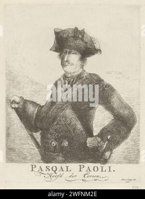 Porträt von Pasquale Paoli, Hendrik Kobell, 1768 Druck Porträt von Pascal Paoli, General und Führer der Korsen. Er trägt eine Uniform mit passendem Spitzhut und hat einen Stab in der rechten Hand. Rotterdamer Papierätzung historischer Personen Stockfoto