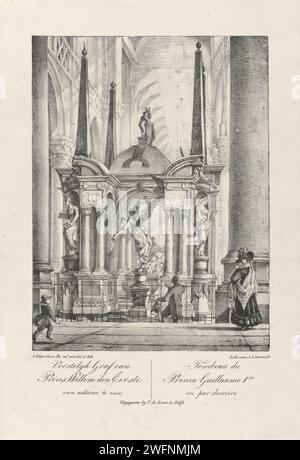 Graftombe von Wilhelm I., Prinz von Orange, 1623, Johannes Jelgerhuis, 1796–1850 Druck Graftombe oder Praalgraf von Willem I. in der Nieuwe Kerk in Delft, fertiggestellt 1623. Von hinten gesehen. Mit Besuchern um den Zaun. Am unteren Rand zwei Spalten mit drei Zeilen Niederländisch und drei Zeilen französischen Textes. Druckerei: Nördliche Niederlandsprinter: Niederländischer Verlag: Delfter Grabbau aus Papier, monumentales Grab. Innenraum der Kirche. Historische Personen neue Kirche. Delft Stockfoto