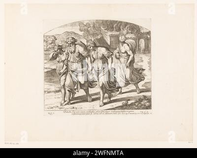 Lot verlässt Sodom, Nicolas Chaperon, nach Rafaël, 1649 Druckgraphiker: Franziskus Malerei von: VaticaanstadVerlag: Paris Papier Radiching the Destruction of Sodom and Gomorra: Lot und seine Familie fliehen nach Zoar und tragen ihre Habseligkeiten; ein Engel könnte den Weg zeigen (1. Mose 19,24-29). Lots Frau blickt zurück auf die Stadt und wird in eine Salzsäule verwandelt Stockfoto