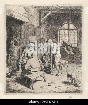 Herberger Innenraum mit rauchenden und trinkenden Bauern, Johannes Christiaan Janson, nach Adriaen van Ostade, 1778 - 1823 drucken Herberger Innenraum mit rauchenden Bauern in der Nähe eines Kamins. Einer von ihnen sitzt auf einem Stuhl, auf dem Rücken gesehen. Rechts im Vordergrund ein Hund, der aus einem Topf isst. Drei trinkende Bauern im Hintergrund, sitzen an einem Tisch. Papierätzerei inn, Kaffeehaus, Gasthaus, etc. Tabak (+ Einnahme von (bestimmten) Nahrungsmitteln: Essen, Trinken, Rauchen, Kauen usw.) Stockfoto