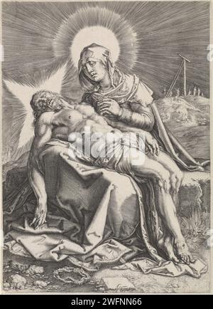 Piëta, anonym, nach Hendrick Goltzius, 1596–1667 Druck Maria mit dem verstorbenen Christus in ihren Armen, auf einem Stein sitzend. Papierstich „Pietà“, „Vesperbild“, „Marienklage“ (keine anderen anwesend): Christus, mit oder ohne Dornenkrone, betrauert von Maria. Der tote Christus in Marias Schoß Stockfoto