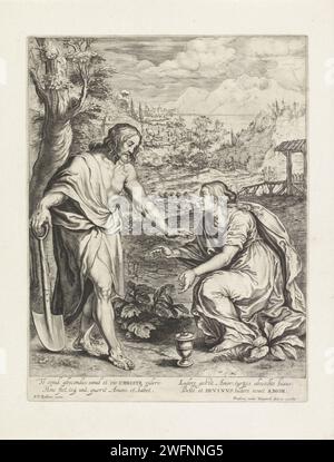 Christus erscheint als Gärtner Maria Magdalena, Frans van den Wijngaerde, nach Peter Paul Rubens, 1636–1679 Druck Maria Magdalena kniet für Christus in einem Garten. Ihr Salbentopf ist zwischen ihnen. Christus hält einen Spaten in der Hand. Im Hintergrund sind die drei Maria in einer bergigen Landschaft. Am Rand eine vierzeilige Beschriftung in zwei Spalten auf Lateinisch. Antwerpener Papiergravur Maria Magdalene kniend vor Christus, die normalerweise als Gärtner mit Hacke und/oder Spaten dargestellt wird; „Noli me tangere“ Stockfoto