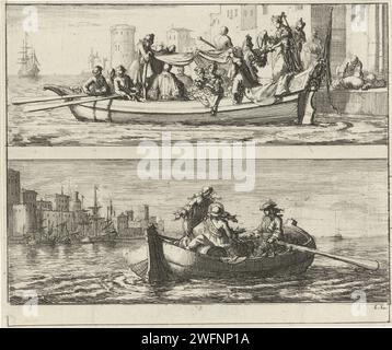 Flug vom König und der Königin nach Frankreich, 1688, Jan Luyken, 1689 gedrucktes Blatt mit zwei Aufführungen. Über dem Flug der Königin Maria von Modena nach Frankreich, 19. Dezember 1688. Unter dem Flug von König Jacobus II. Nach Frankreich, 20. Dezember 1688. Printmacher: Amsterdamprinter: Utrechter Papier ätzt Flucht des Herrschers vor dem Gegner Stockfoto