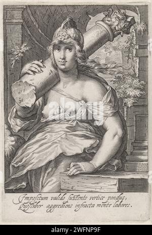 Kracht (Fortitudo), Jacob Matham, nach Hendrick Goltzius, drucken 1597 Eine weibliche Figur mit einer Säule über der Schulter als Personifikation der Stärke (Fortitudo). Haarlem Papierstich Fortitude, Fortitudo, eine der vier Kardinaltugenden Stockfoto