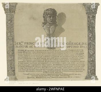 Titeldruck mit Porträt des Künstlers Andrea Mantegna, Andrea Andreani, nach Bernardo Malpizzi, nach Andrea Mantegna, 1599 Zeichnung Titeldruck mit einer Porträtbüste des Künstlers Andrea Mantegna und einem lateinischen Text. Druckerei: Italien Zeichnung von: MantuaAfter Skulptur von: MantuaMantuaMantua Papier. Der Tuschestift-Triumph von Cäsar. Historische Personen Stockfoto