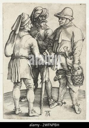 Drei Bauern im Gespräch, Albrecht Dürer, 1495 - 1499 drucken drei Männer reden miteinander. Einer von ihnen hält ein Schwert, der andere einen Korb mit Eiern, der dritte hat einen markanten Bart und einen turbanähnlichen Kopfschutz. Nürnberger Papiergravurbauern. Gespräch, Dialog; Gesprächsstück Stockfoto