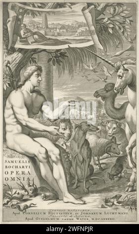 Adam gibt den Tieren ihre Namen, Joseph Mulder, 1692 Druck Adam, sitzt unter einem Baum, gibt den Tieren ihre Namen. Auf der Wette auf der Spitze einer Stadt mit einem Turm, vermutlich Babel, mit einem Mann unter einem Baum im Vordergrund. Titelseite der gesammelten Werke des Theologen und Linguisten Samuel Bochart. Printmacher: Amsterdampublisher: Leidenpublisher: Leidenpublisher: Utrecht Papierstich / Ätzung Adam nennt die Tiere. Der Turm von Babel Stockfoto