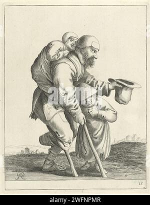 Manke Bettler mit zwei Kindern, Pieter Jansz Quast, 1634 - 1638 drucken Ein bärtiger Bettler mit einem Holzbein trägt, auf seinem Stuhl gestützt, ein Kind auf dem Rücken. Der Mann bettelt mit seinem Hut. Da ist ein zweites Kind unter seinem Arm. Der Druck ist Teil einer Serie von 26 Drucken mit Bettlern und Bauern. Der Haager Bettler für die Papierätzung/Gravur. Krücken. Kind. Holzbein. Kopfbedeckung: Hut (+ Herrenkleidung) Stockfoto