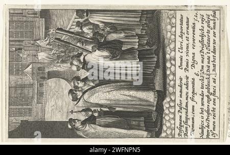 Der Gastgeber wird in der Prozession zur Kirche getragen, Boëtius Adamsz. Bolswert, nach Jacob Cornelisz van Oostsanen, 1639 Druck Host wird in Prozession vom Priester in die Kirche (Oude Kerk) in Amsterdam gebracht, damit das Wunder dort am Altar verehrt werden kann, wie es der lateinische und der niederländische Vers unter der Aufführung unterstellt. Druckerei: Low CountriesVerlag: Antwerpen Papierstich Legenden und Wunder in Verbindung mit der Eucharistie (oder dem Gastgeber) Stockfoto