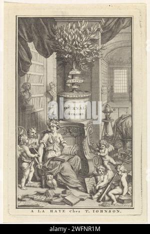 Minerva in einer Bibliothek, Bernard Picart (Werkstatt oder), nach Bernard Picart, 1713 Druck Minerva ist in einer Bibliothek, zu ihren Füßen ihr Attribut die Eule. Sie wird von Putten begleitet, deren Attribute Kunst und Wissenschaft symbolisieren. Hinter ihnen ein Baum in einem Topf, auf dem der Titel auf Französisch steht. Druckerei: AmsterdamAfter Zeichnung: AmsterdamVerlag: Die Haager Papier-Ätz-/Gravurstudie; 'studiolo'; Bibliothek. Minerva als Patronin. Die liberalen Künste, „Artes Liberales“ Stockfoto