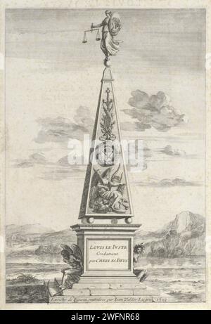 Denkmal in einer Landschaft, Johannes Valdor (II), 1649 drucken Ein Denkmal in einer Landschaft, mit Justitia an der Spitze mit einem Porträt von Ludwig XIII., König von Frankreich. Am Fuße der angekettete Vaterzeit und der angekettete Neid. Paris Papiergravur Landschaft mit Denkmal - II - ideale Landschaften. Gerechtigkeit, Justitia, Giustitia divina (Ripa)  eine der vier Kardinaltugenden. Neid; 'Invidia' (Ripa)  Personifizierung einer der sieben tödlichen Sünden. Vater Zeit, Mann mit Flügeln und Sense Stockfoto
