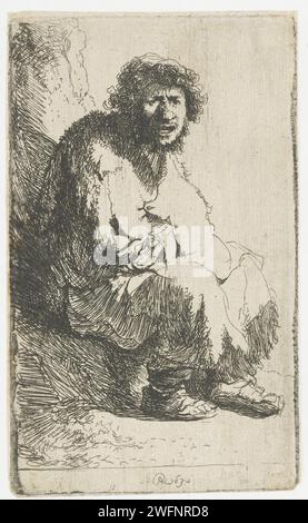 Bettler sitzt auf einer Bank, Rembrandt van Rijn, 1630 Druck das Gesicht des Bettlers ist ein Selbstporträt. Das Ätzen des Papiers beginnt Stockfoto