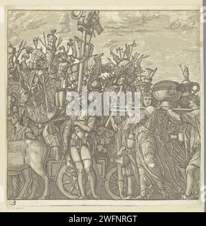 TRIOMFTOCHT van Julius Caesar, Andrea Andreani, nach Bernardo Malpizzi, nach Andrea Mantegna, 1599 Druck unten links: 3. Druckerei: Italien Zeichnung von: MantuaAfter Malerei von: Mantua Papiertriumph von Caesar. Rüstung Stockfoto