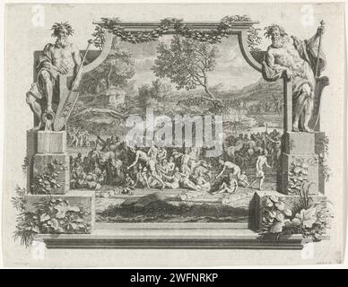 Rheinflut und de Waal, Adolf van der Laan, nach Louis Fabritius Dubourg, 1734 Print Ansicht einer überfluteten Landschaft, in der Figuren und Tiere auf Flößen und Booten im Wasser schweben. Die Show wird von einer architektonischen Begleitung mit den Flussgöttern Rhein und Waal links und rechts begleitet. Papierätzflut. Floß. flussgötter Stockfoto