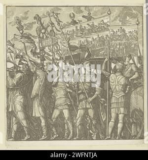 TRIOMFTOCHT van Julius Caesar, Andrea Andreani, nach Bernardo Malpizzi, nach Andrea Mantegna, 1599 Druckerei: Italien Zeichnung von: MantuaAfter Malerei von: Mantua Papier Triumph von Caesar. Horn, Trompete, Kornett, Posaune, Tuba. Taschenlampe Stockfoto