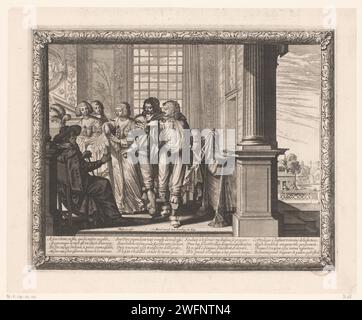 Verlorener Sohn, gekleidet von seinem Vater Abraham Bosse, 1636–1637 Druck in einem reich gepolsterten Innenraum, sitzt links im Vordergrund, auf einem Stuhl, der Vater des verlorenen Sohnes, mit Federn auf dem Kopf. Für ihn zwei Frauen, die ihm einen breiten, flachen Kragen zeigen. Der Sohn ist in Hemd und Kniebroek und wird in einem Wambuis von einem Diener unterstützt. Ein junger Diener hält seinen Mantel. Seine Baskenmütze mit Federn ist auf einem Tisch. Pariser Papiergravur des Gleichnisses vom verlorenen Sohn (Lukas 15:11-32). Kleidung, Kostüm (+ Herrenkleidung). Kleidung, Kostüm (+ Damenkleidung). Wandverkleidung. Kleidung für den Stockfoto