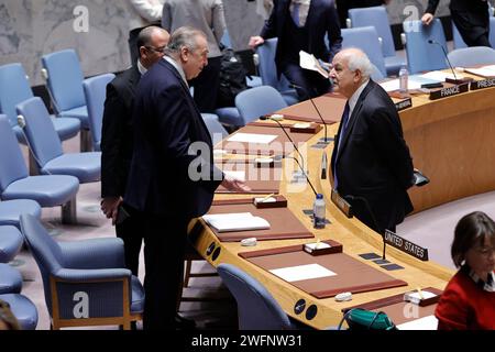 NY, USA. 30. Januar 2024. Vereinte Nationen, New York, USA, 31. Januar 2024 - Riyad Mansour, Ständiger Beobachter des Staates Palästina bei den Vereinten Nationen während des Sicherheitsrats trifft sich heute im Hauptquartier der Vereinten Nationen in New York City über die Lage im Nahen Osten, einschließlich der palästinensischen Frage. Foto: Luiz Rampelotto/EuropaNewswire.nur zur redaktionellen Verwendung. Nicht für kommerzielle ZWECKE! (Kreditbild: © Luiz Rampelotto/ZUMA Press Wire) NUR REDAKTIONELLE VERWENDUNG! Nicht für kommerzielle ZWECKE! Stockfoto