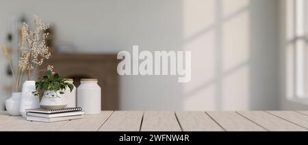 Ein Platz, um Ihr Produkt auf einem Holzdieltisch in einem gemütlichen, weißen Wohnzimmer mit Kamin zu präsentieren. 3D-Rendering, 3D-Abbildung Stockfoto