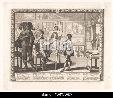 Maler in seinem Atelier Abraham Bosse, ca. 1642 Druck in einem luxuriös eingerichteten Atelier, ist der Maler (Le Noble Peintre) als Adliger gekleidet und arbeitet an einem Porträt von König Ludwig XIII.; neben ihm ein bedeutender Besucher. Der Malerschüler hat einen Abdruck in der Hand von Viennot, nach einem Gemälde von Andries beide, mit einer Darstellung des sogenannten „armen Malers“. Papierätzmaler bei der Arbeit, in seinem Atelier. Schirmherr (oder Kunde), der den Künstler besucht. Bild, Malen. Historische Personen Stockfoto