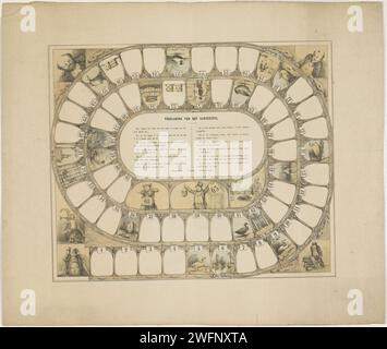 Gesamte spel, 1858 Druck. Gameboard Goose Brettspiel mit Fächern in einer Spirale, nummeriert von 1 bis 63. In verschiedenen Fächern von Gänsen und Figuren. Im Mittelfeld werden die Regeln in zwei Spalten angezeigt. Verschiedene Zeichen in den Ecken. Utrecht Papier Buchdruck Brettspiele des Zufalls. Brettspiele. Gänsehaut Stockfoto