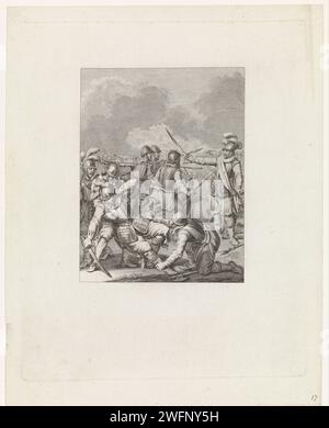 Tod von Charles de Boisot, 1575, Theodoor Koning, nachdem Jacobus kauft, 1785 gedruckt während einer Schlacht mit Mondragon, Charles de Boisot findet den Tod auf dem Schlachtfeld, 29. September 1575. Dieser Druck ist Teil einer Serie von 24 Drucken mit Szenen aus dem Leben von Prinz William I., 1568-1584 und eine Illustration des siebzehnten Singens. Amsterdamer Papierstich-Färbung. Kampf, Kampf im Allgemeinen Stockfoto