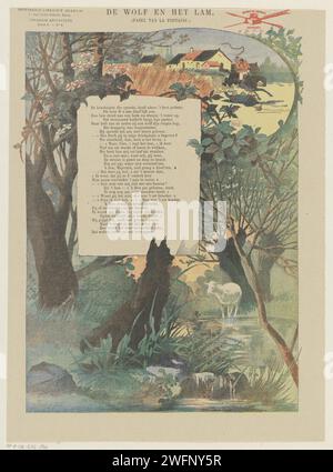 De Wolf und das Lamm, 1888 Blatt mit einer großen Aufführung der Fabel von Jean de la Fontaine, Van de Wolf und das Lamm. In der Mitte ein Textblock mit einem Vers. Nummer oben links: Série 6. - Nr. 6. Paris Papier Buchdruck Fabeln. Raubtiere, Raubtiere: wolf. Lamm Stockfoto