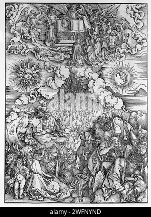 Das fünfte und sechste Siegel öffnen, Albrecht Dürer, 1511 Druck Engel verteilen Kleidung an die Seelen der Märtyrer unter dem Altar. Darunter tauchen Sonne und Mond und Sterne, die auf die Erde fallen - Papst, Kaiser und gewöhnliche Männer, Frauen und Kinder davon. Über versozijde lateinische Bibeltexte in gotischer Schrift in zwei Spalten. Nürnberger Papier-Buchdruck Öffnung des fünften Siegels: Weiße Gewänder werden den Märtyrern unter dem Altar gegeben. Öffnung des sechsten Siegels: Ein großes Erdbeben, die Sonne wird schwarz, der Mond rot wie Blut, und die Sterne fallen auf die Erde; die Menschheit hidi Stockfoto