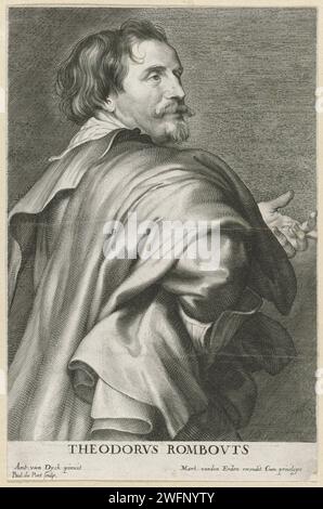 Porträt des Malers Theodoor Rombouts, Paulus Pontius, nach Anthony Van Dyck, 1616–1657 Druck Antwerpener Papierstich Porträt, Selbstporträt des Malers Stockfoto