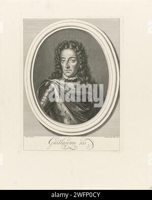 Porträt von Wilhelm III., Prinz von Oranje-Nassau, König von England, Bernard Picart, nach Adriaen van der Werff, 1724 Druck Amsterdam Papier Radierung / Gravur Rüstung Stockfoto