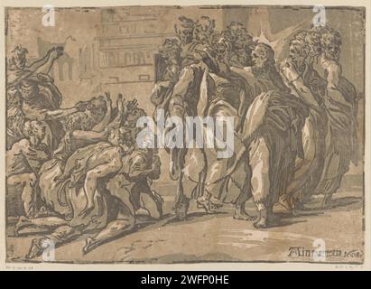 Christus heilt Aussätzige, Niccolò Vicentino, nach Parmigianino, 1608 Druck Christus mit den Aposteln und einer Gruppe bettelnder Aussätziger. Druckerei: Italien Verlag: Mantua Papier Christ Healing Leprakranke Stockfoto