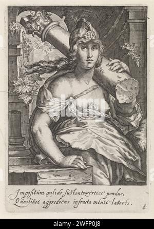 Kracht (Fortitudo), anonym, nach Jacob Matham, nach Hendrick Goltzius, 1601–1652 drucken Eine weibliche Figur mit einer Säule über der Schulter als Personifikation der Stärke (Fortitudo). Amsterdamer Papierstich Fortitude, Fortitudo, eine der vier Kardinaltugenden Stockfoto
