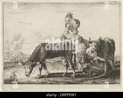 Kühe und zwei Milchmädchen, Theodorus van Kessel, nach Jan van den Hecke (i), ca. 1630 - nach 1660 drucken zwei Milchmädchen, eine mit einem großen Krug auf dem Kopf, inmitten von Kühen in einer Landschaft mit einem Fluss auf der linken Seite. Niedrige Länder Papier ätzende Kuh. Milchmädchen. Behälter aus Metall: Eimer, Dose, Kanister, Trommel, Blech Stockfoto