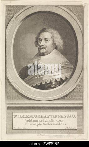 Porträt von Willem, Graf von Nassau-Siegen, 1749–1759 Druck Porträt von Willem in einem Oval. In einem Rahmen befinden sich Name und Titel. Amsterdamer Papierstich Stockfoto