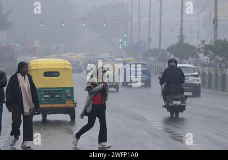 Neu-Delhi, Indien. Januar 31, 2024. NEW DELHI, INDIEN - JANUAR 31: Pendler schützen sich am 31. Januar 2024 in New Delhi, Indien vor plötzlichem Regen. (Foto: Arvind Yadav/Hindustan Times/SIPA USA) Credit: SIPA USA/Alamy Live News Stockfoto