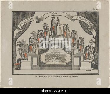 Die Treppe des hohen Alters, 1831 - 1854 drucken Eine Treppe des Alters: Ein Parentrope. Auf den Stufen der Treppe, in Form einer Brücke, gibt es Männer und Frauen zwischen 0 und 100 Jahren. Unter der Brücke eine Kartusche mit frischem. Ein Vorhang auf beiden Seiten der Show. Oben rechts nummeriert: Nr. 1. Amsterdamer Buchdruck der Zeitalter des Menschen, dargestellt durch eine Treppe. Das menschliche Leben ist in Stufen unterteilt Stockfoto