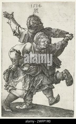 Dancing Boerpaar, Albrecht Dürer, 1514 drucken Ein Bauer und eine Bäuerin tanzen Hand in Hand. Nürnberger Papiergravurbauern. Ein Paar tanzt, Mann und Frau tanzt als Paar Stockfoto