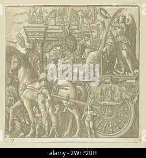 TRIOMFTOCHT van Julius Caesar, Andrea Andreani, nach Bernardo Malpizzi, nach Andrea Mantegna, 1599 Druck unten links: 9. Julius Cäsar sitzt auf einem Auto, das von einem Pferd gezogen wird. Neben dem Pferd steht ein Mann, der einen Stock mit einem Medaillon hält mit den Worten „veni, vidi, vici“ (ich kam, sah, ich habe besiegt). Druckerei: Italien Zeichnung von: MantuaAfter Malerei von: Mantua Papiertriumph von Caesar. Römischer Wagen, Quadriga  Triumph. Sprüche, Sprüche usw. Stockfoto